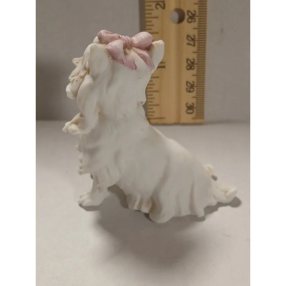 Antique Porcelain‎ White Pink Bow Dog Italian Figurine, Tiche Company,